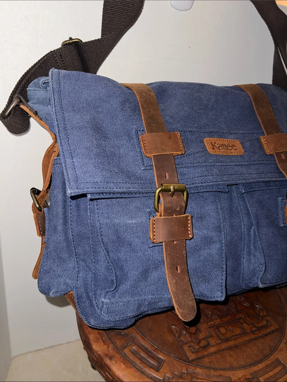 Large Navy Canvas Messenger Bag with Brown Leather Trim by Kattee
